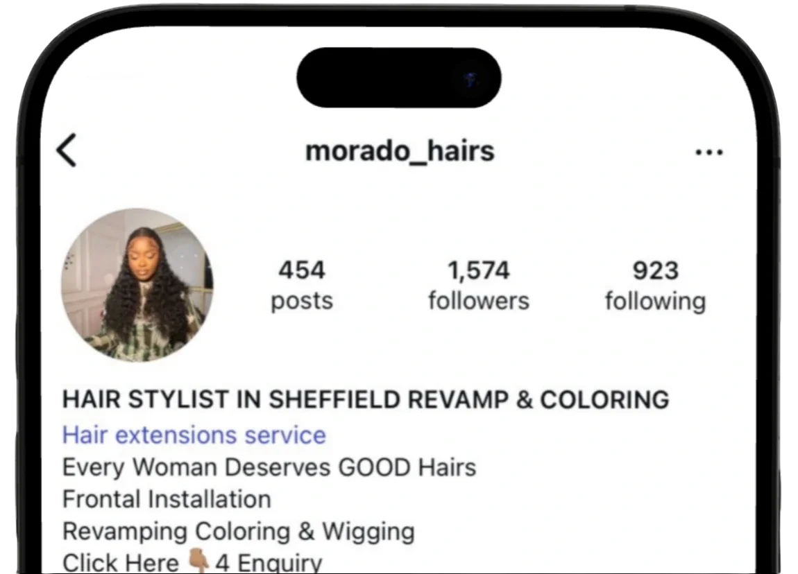 Morado Hairs Instagram profile showing 1,574 followers, 454 posts, and 923 following with hair stylist services description